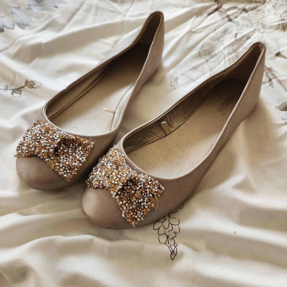 Nicole Beige Flats with Embellished Bow